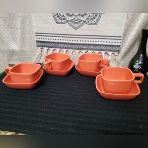 60s Coral Orange Squared Melamine Mugs and Dessert Bowls set of 4
